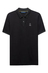 Men's black short-sleeve polo shirt front view with stitched collar and placket by Psycho Bunny