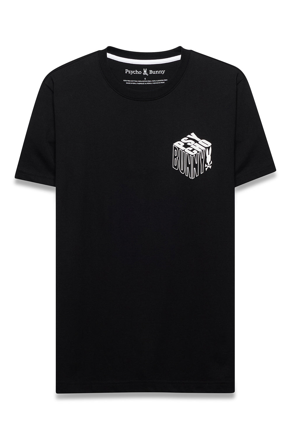 T-Shirt noir à col rond et manches courtes avec graphique Psycho Bunny blanc à la poitrine pour homme, vue produit