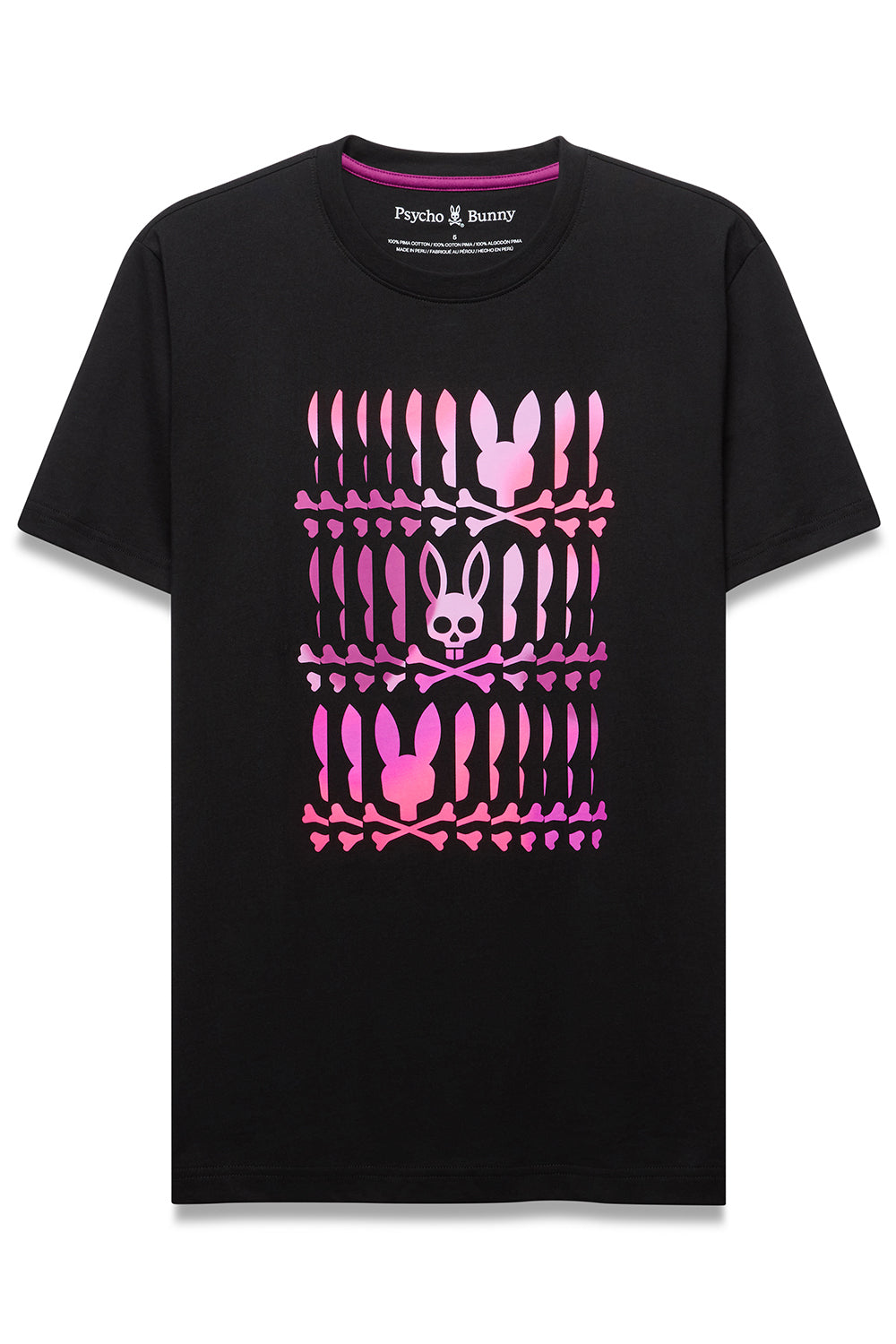 T-Shirt noir à manches courtes et col rond avec grand graphique Psycho Bunny rose devant pour homme, vue produit