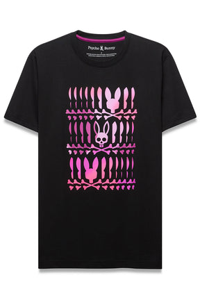 T-Shirt noir à manches courtes et col rond avec grand graphique Psycho Bunny rose devant pour homme, vue produit