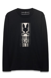 Vue de face d’un T-Shirt noir à manches longues avec blanc et graphique Psycho Bunny gris pour homme