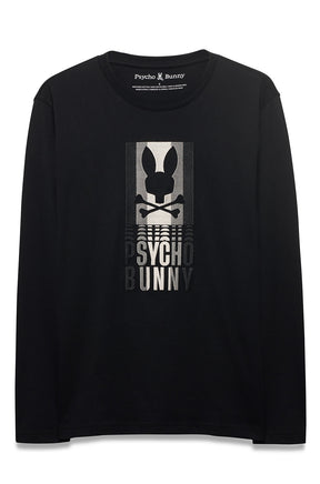 Vue de face d’un T-Shirt noir à manches longues avec blanc et graphique Psycho Bunny gris pour homme
