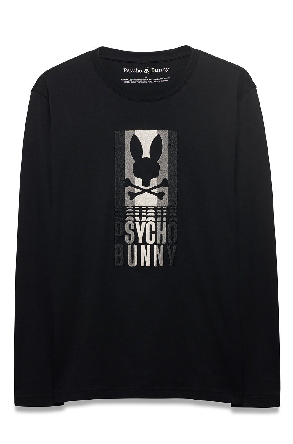 Vue de face d’un T-Shirt noir à manches longues avec blanc et graphique Psycho Bunny gris pour homme