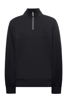 Psycho Bunny men's black long sleeve quarter-zip sweatshirt with tonal chest logo and stand collar, front view