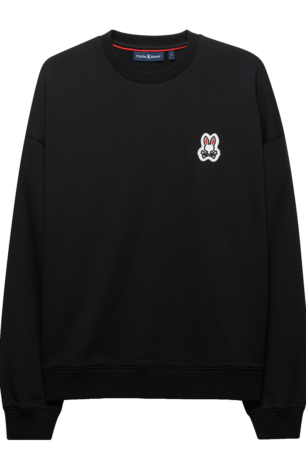 Men's black crewneck sweatshirt front view with ribbed trim and small bunny logo patch on the chest by Psycho Bunny