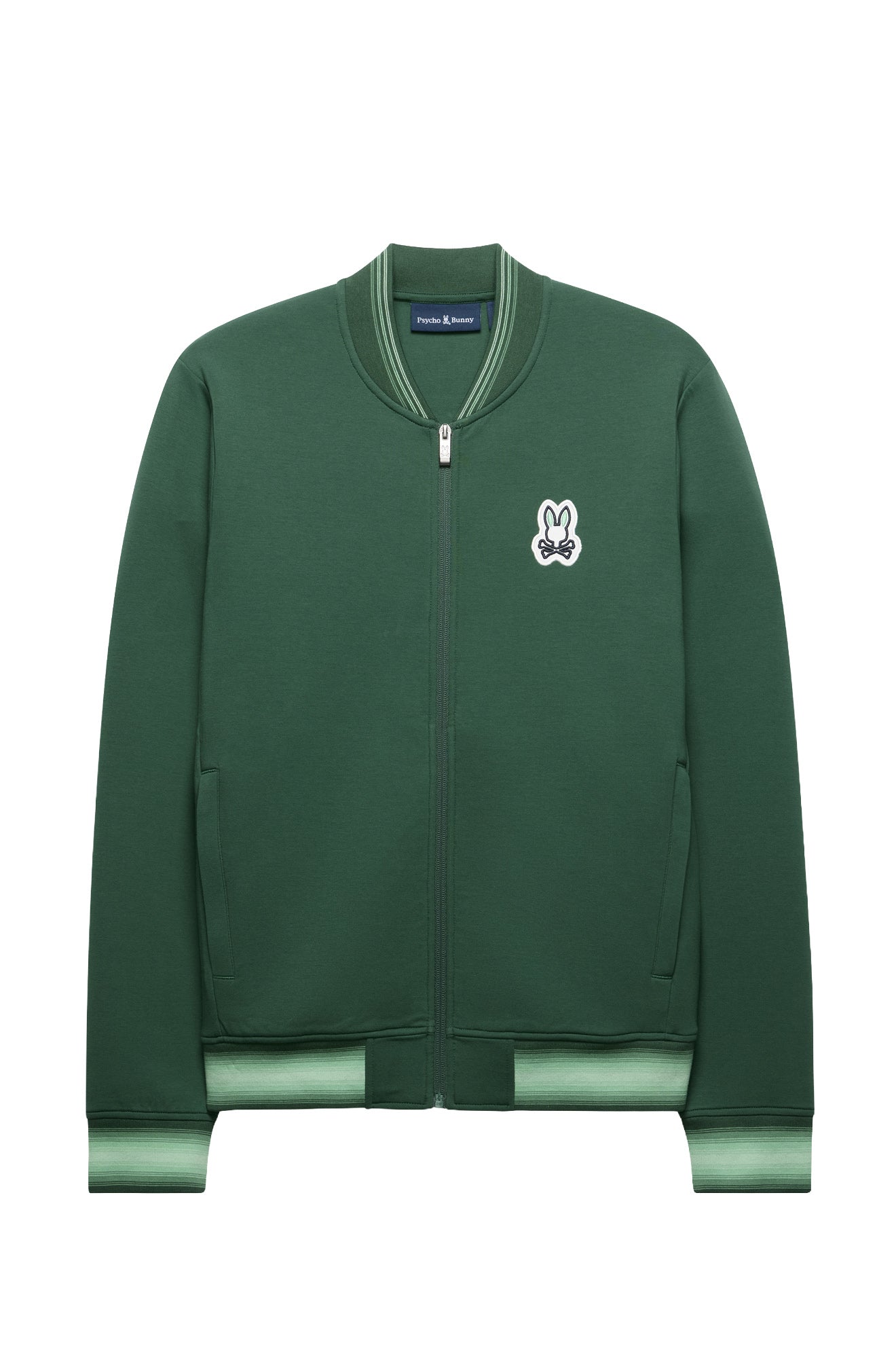 Psycho Bunny men's dark green full-zip bomber jacket with chest patch and striped rib trims shown from the front