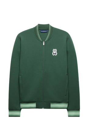 Psycho Bunny men's dark green full-zip bomber jacket with chest patch and striped rib trims shown from the front