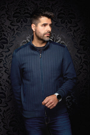 Coupe-vent mi-saison style bomber bomber bleu marine zippé sur mannequin, vue de face pour homme par Au Noir