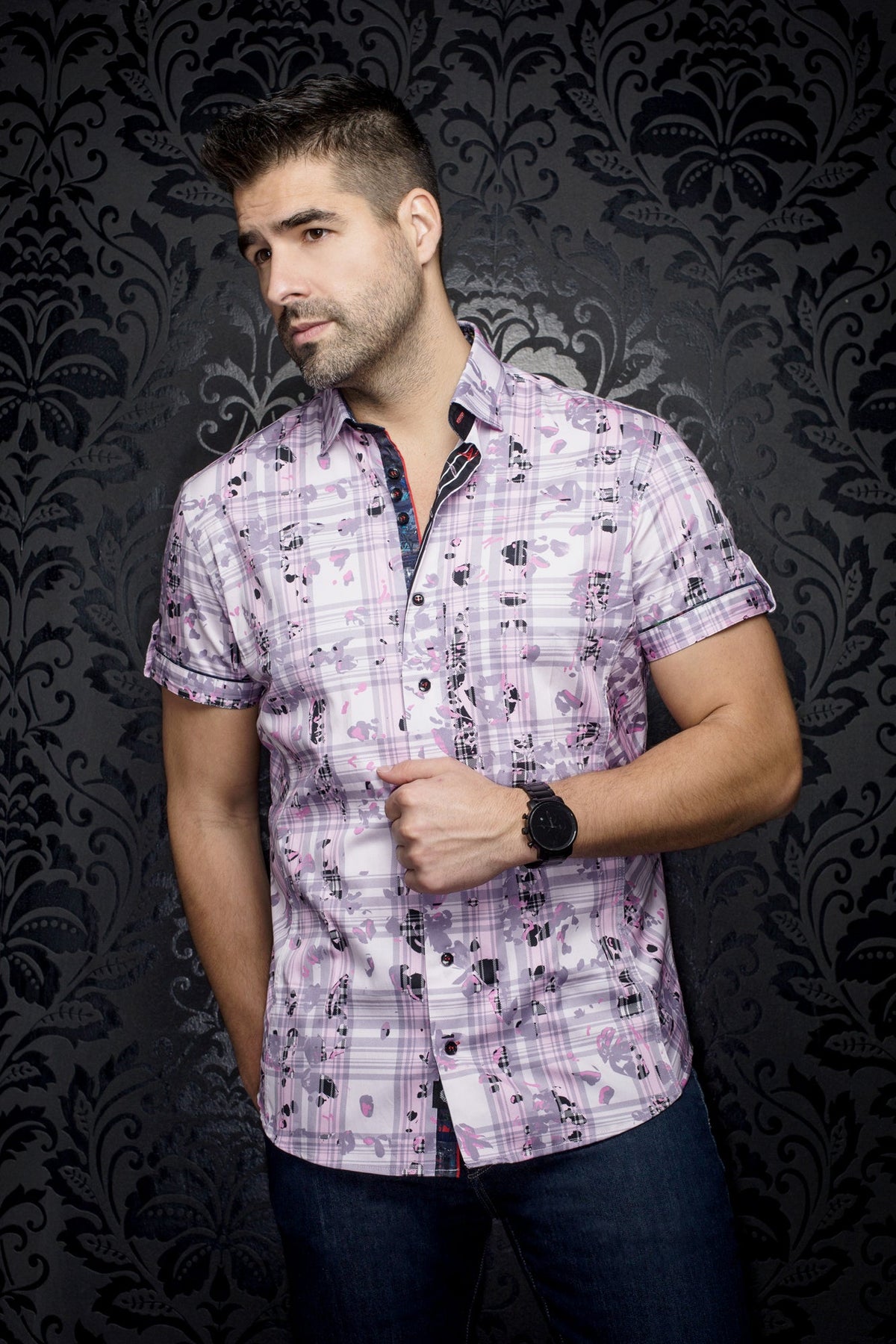 Short sleeve shirt for men by Au Noir | NORIYO(SS) Pink | Menshirt, complete inventory of the Au Noir brand