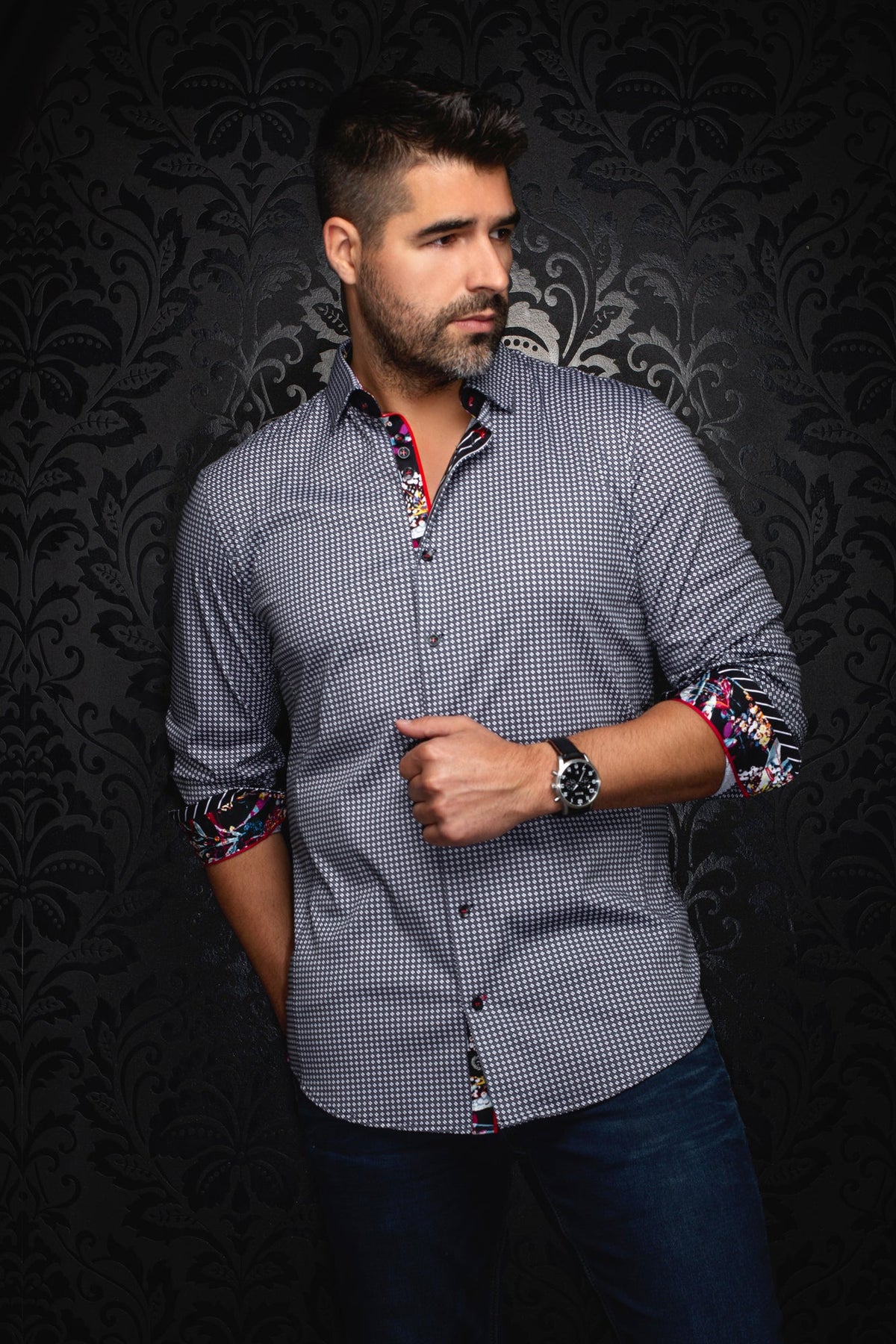 Chemise manches longues en Knit pour homme par Au Noir | POLGAR Gris Blanc | Machemise.ca, inventaire complet de la marque Au Noir