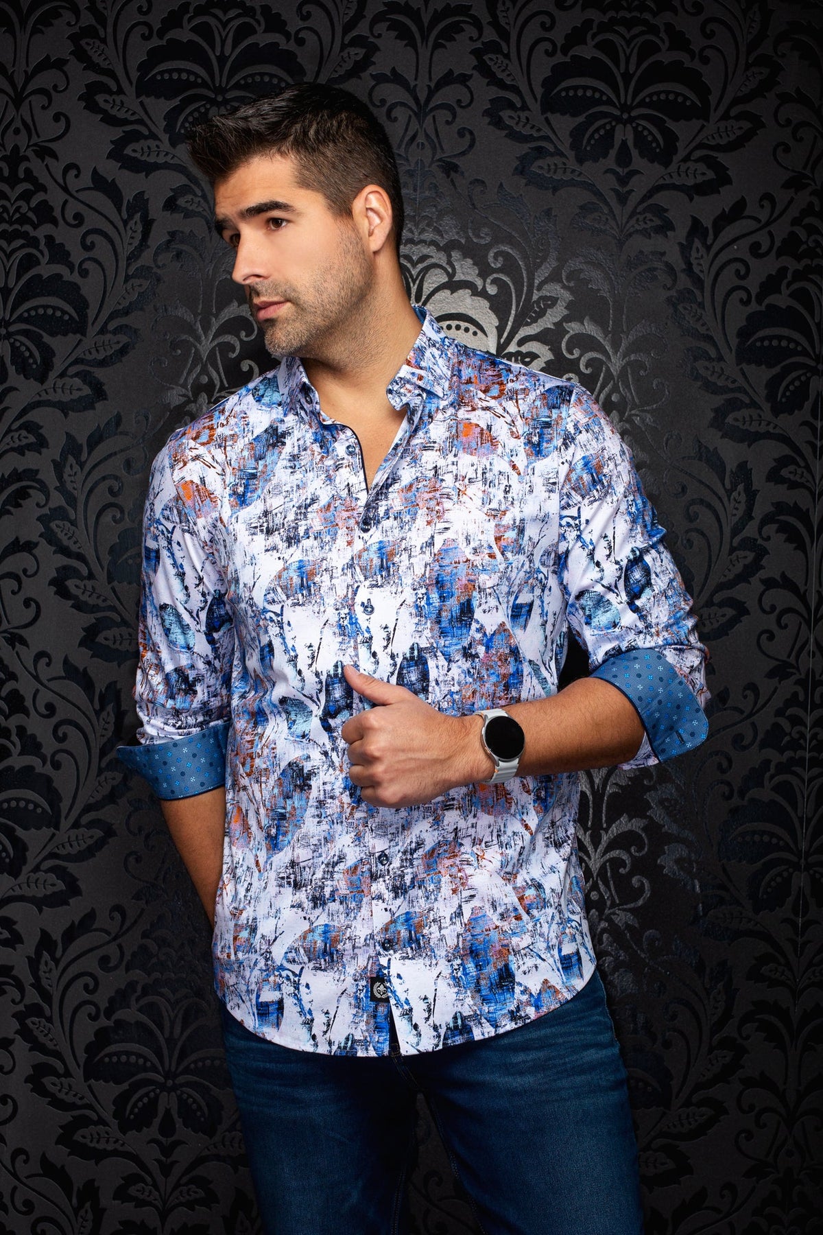 Chemise manches longues en Knit extensible pour homme par Au Noir | RAY Blanc Multi | Machemise.ca, inventaire complet de la marque Au Noir