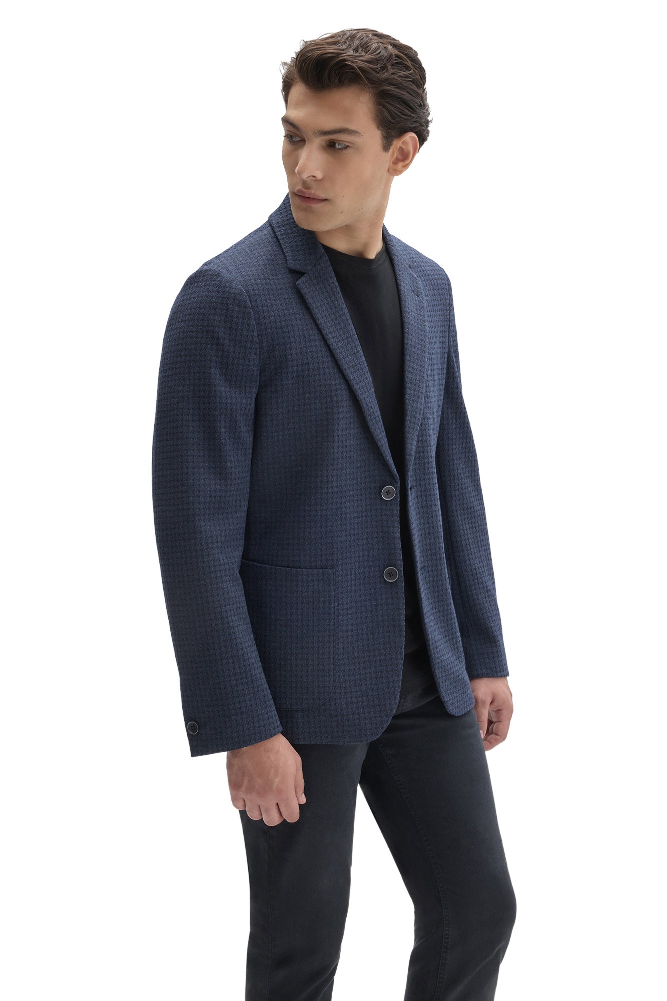 Robert Barakett men's angled front view of navy textured sport blazer with cuff button, patch pocket and two-button closure