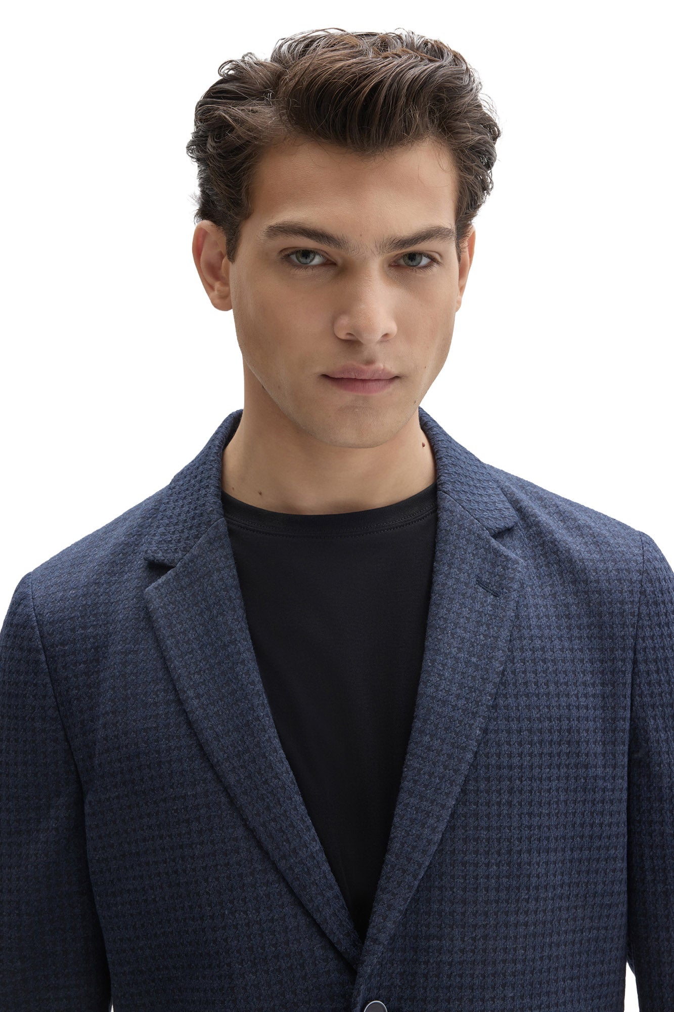 Robert Barakett men's close front detail of navy textured sport blazer showing subtle check texture and notched lapels