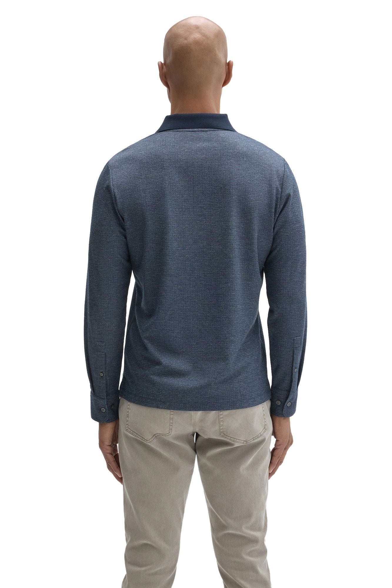 Robert Barakett men's blue textured long sleeve polo with buttoned cuffs and dark ribbed collar shown from the back