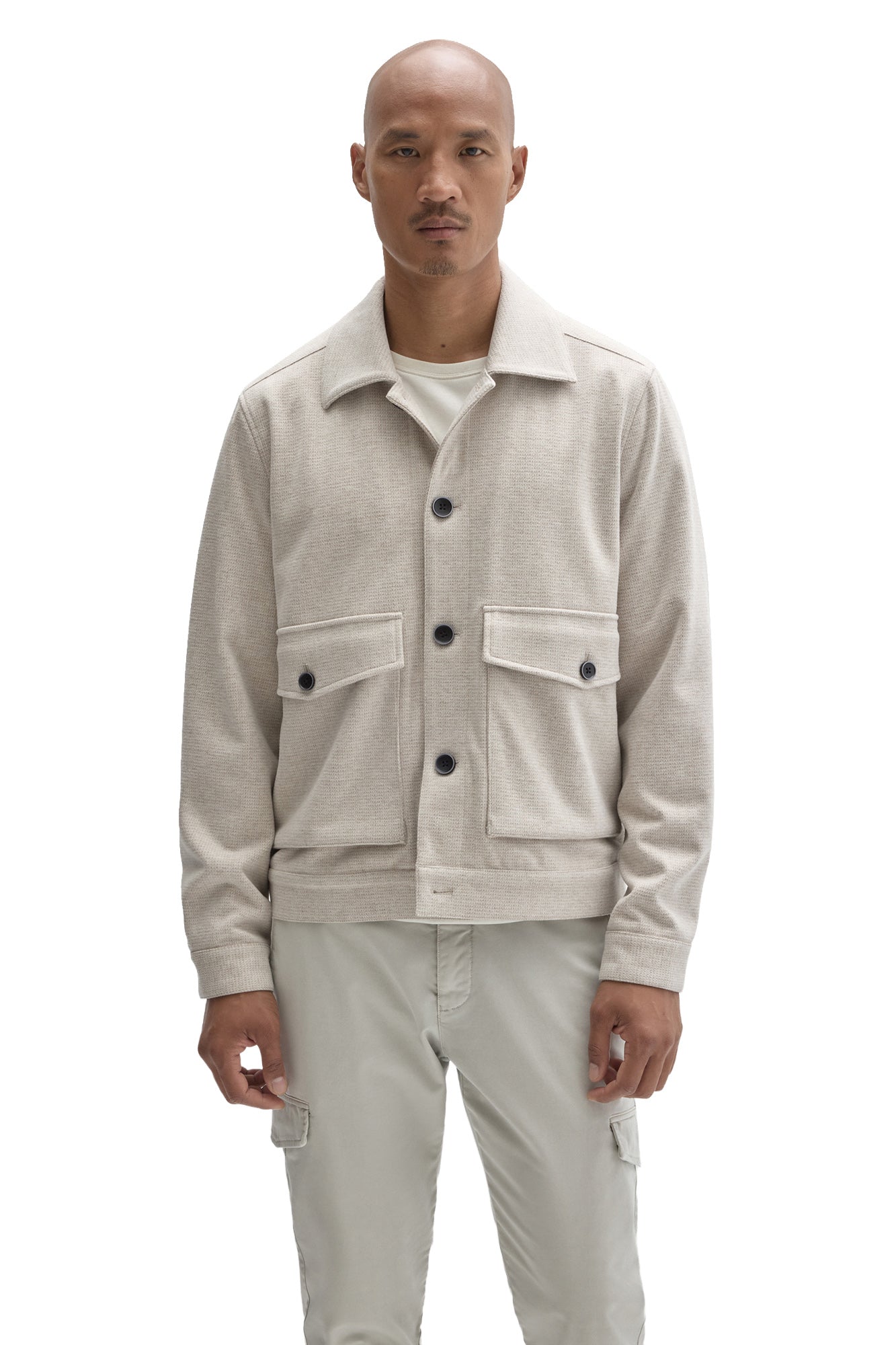 Robert Barakett men's cream textured button-front jacket with flap patch pockets and spread collar shown from the front