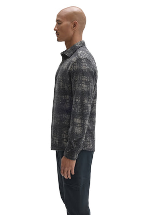 Robert Barakett men's charcoal plaid overshirt showing button cuff and straight silhouette, side view