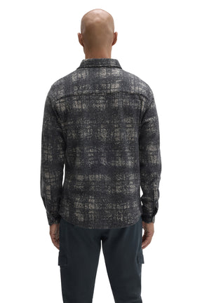 Robert Barakett men's charcoal plaid overshirt showing button cuffs, back yoke seam and collar, back view