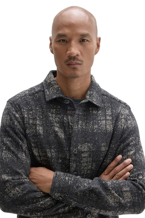 Robert Barakett men's close front view of charcoal plaid overshirt showing brushed texture, buttons and collar