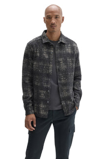 Front view of men's charcoal plaid button-front overshirt with collar and long sleeves by Robert Barakett