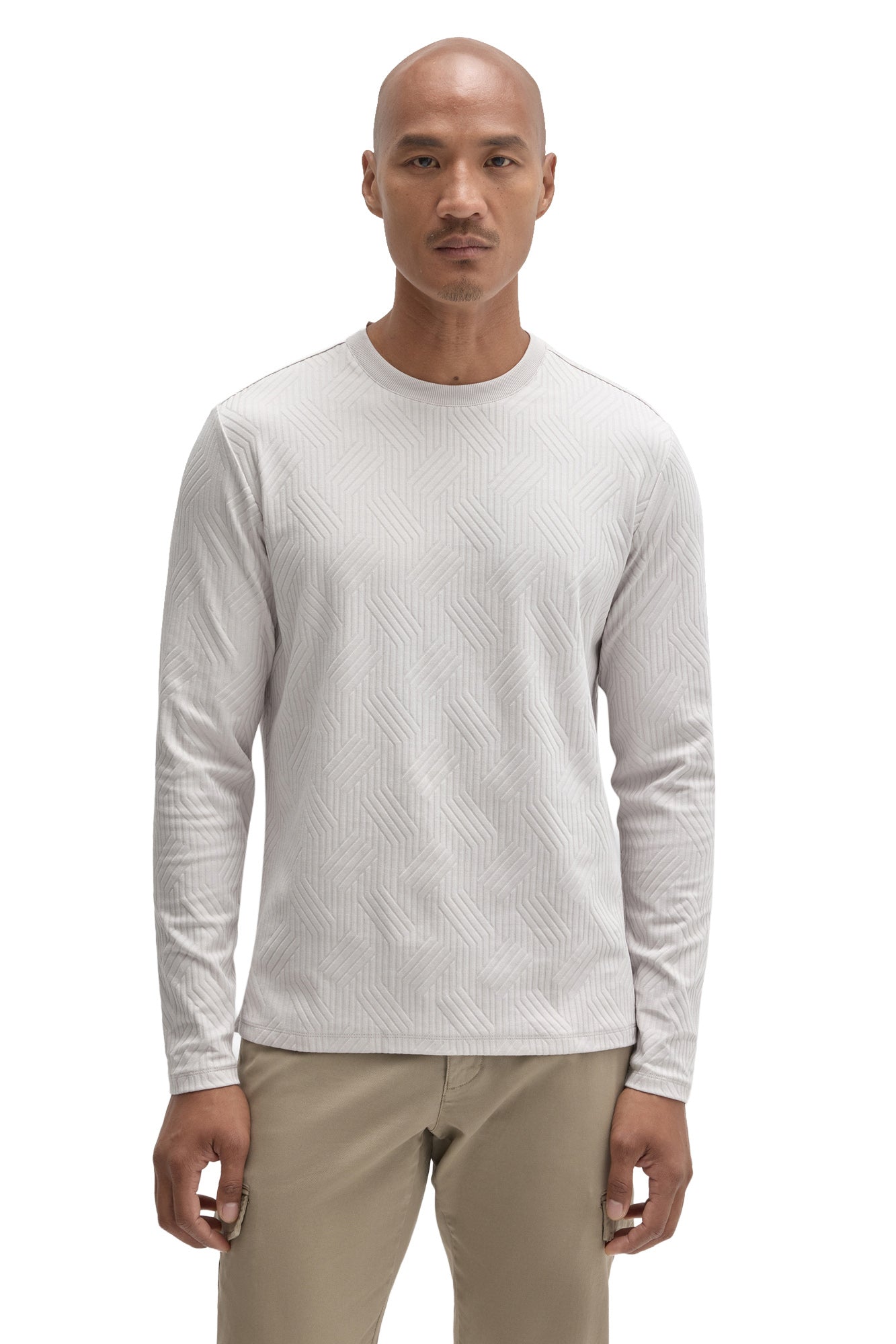 Front view of men's light gray long sleeve crew neck T-Shirt with raised geometric texture by Robert Barakett