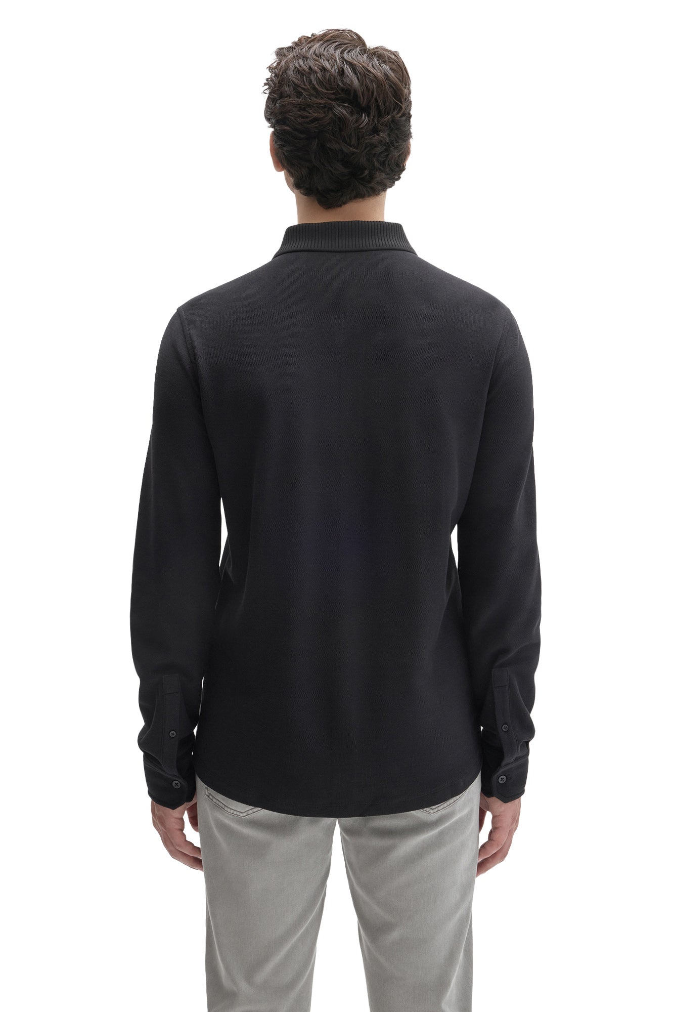 Robert Barakett men's black knit long sleeve shirt with buttoned cuffs and ribbed collar, back view