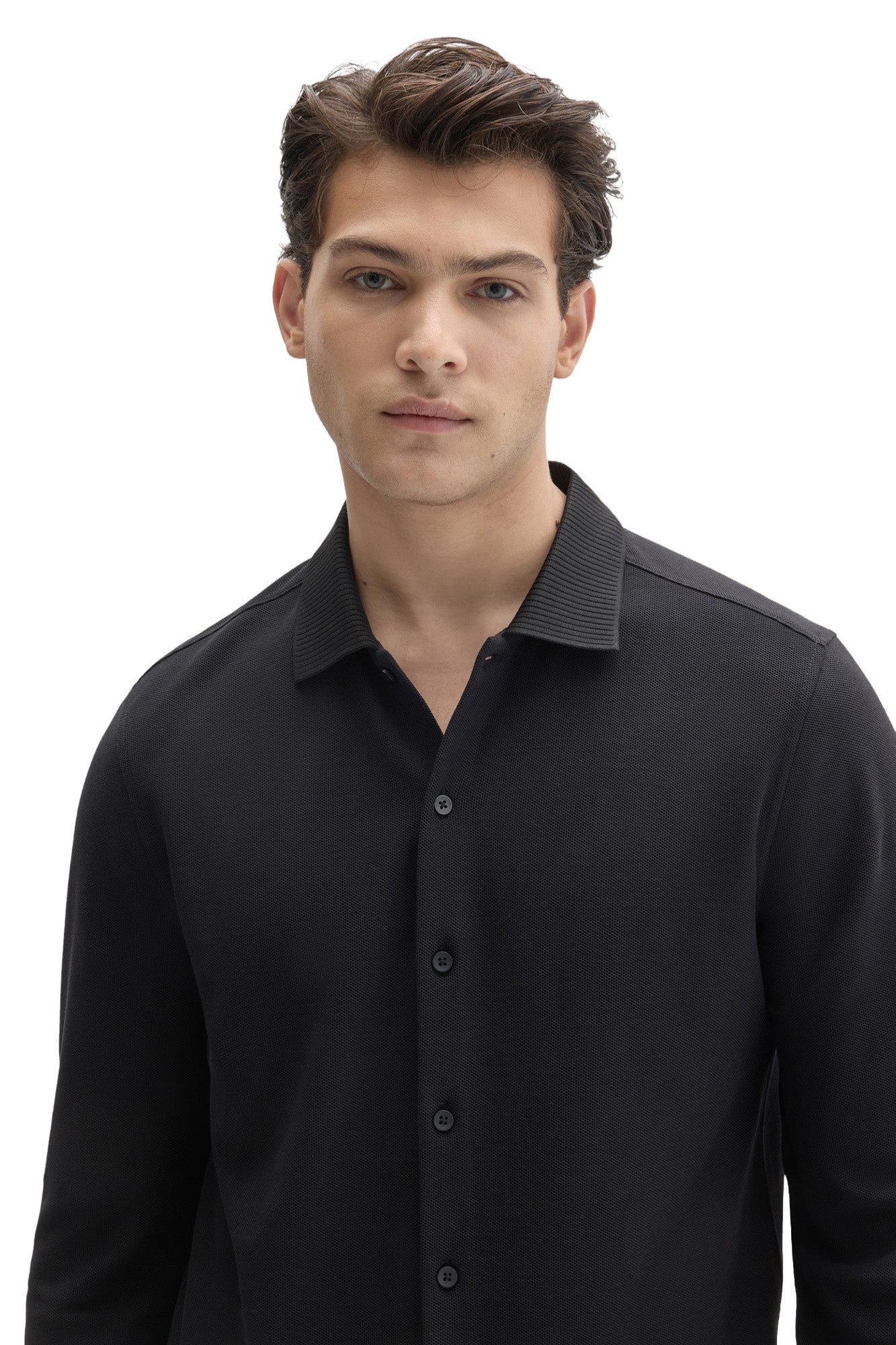 Robert Barakett men's close front view of black knit long-sleeve shirt with tonal button front and ribbed collar