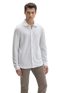 Robert Barakett men's white long sleeve knit button-front shirt with ribbed collar shown from the front