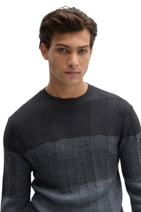 Men's close front detail of charcoal crewneck long-sleeve knit sweater with ribbed collar by Robert Barakett