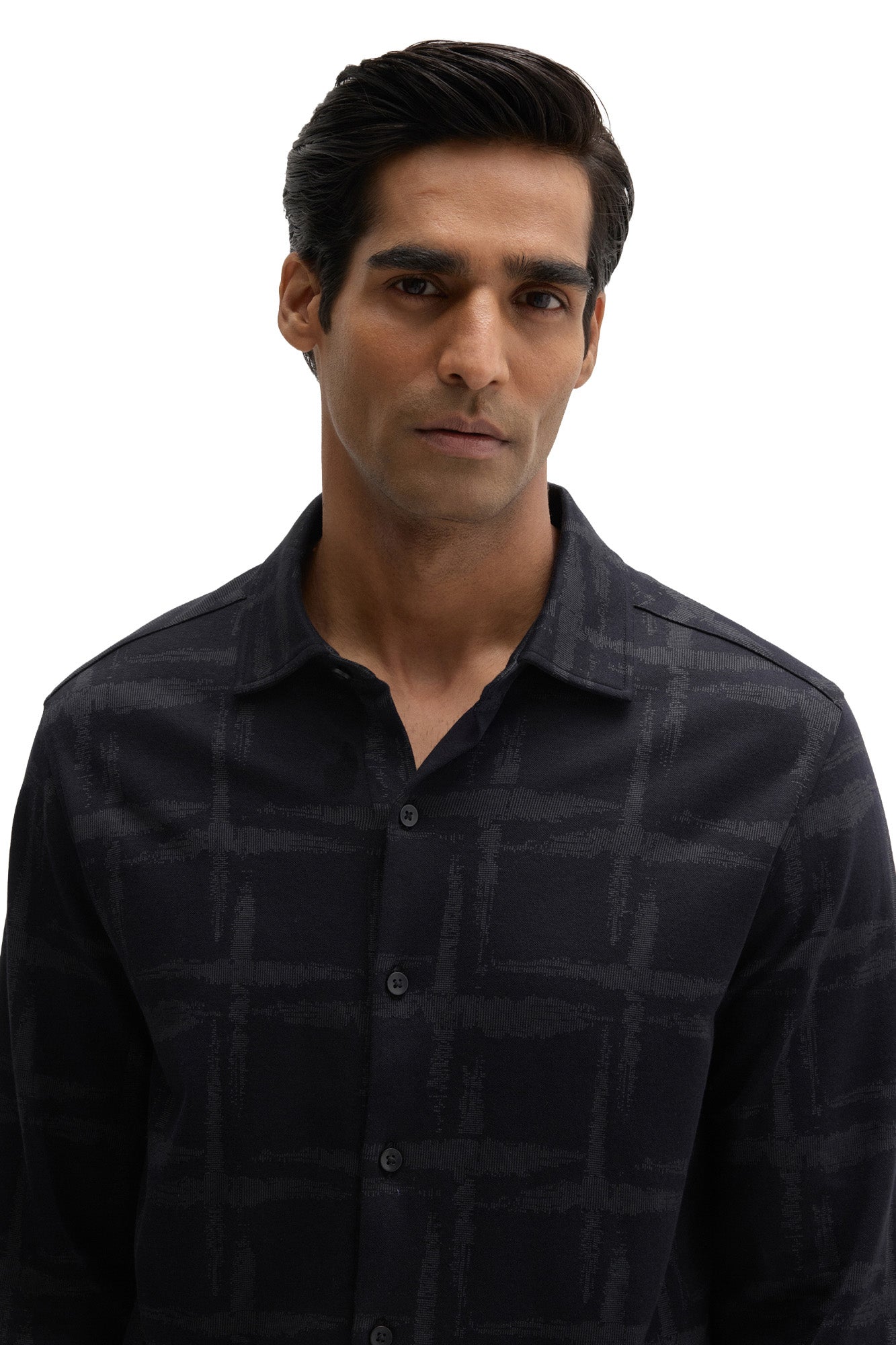 Robert Barakett men's close front view of dark navy knit long-sleeve shirt showing spread collar and buttons
