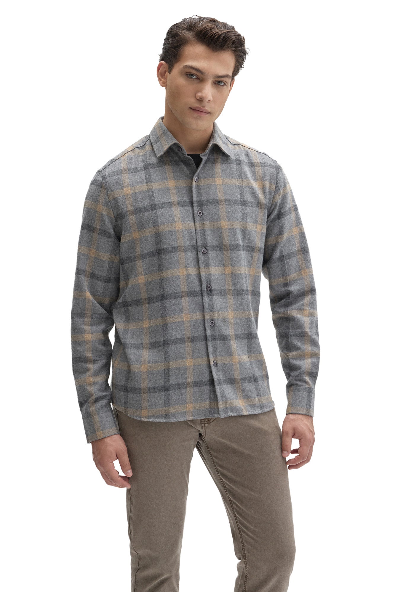 Robert Barakett men's gray plaid flannel overshirt with buttons, pointed collar and tan lines shown from the front