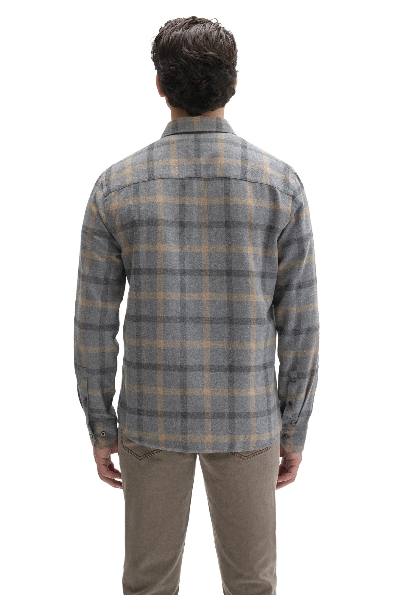 Robert Barakett men's gray plaid flannel overshirt showing button cuffs and back yoke, back view