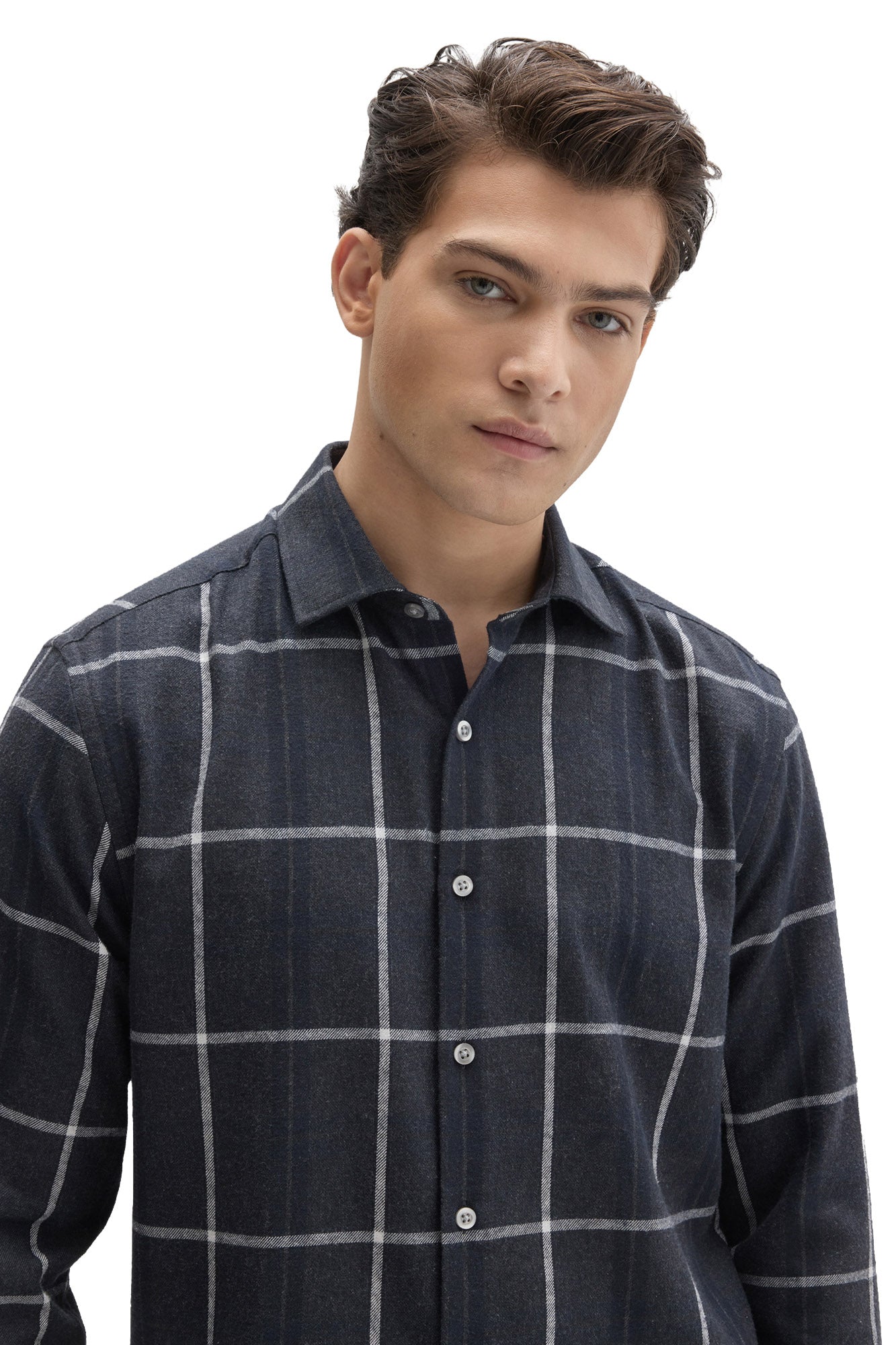 Robert Barakett men's close front view of dark navy charcoal plaid long-sleeve shirt showing light buttons and point collar