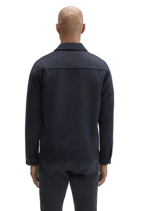 Robert Barakett men's dark navy jacket showing straight hem, long sleeves, back yoke seam and spread collar, back view