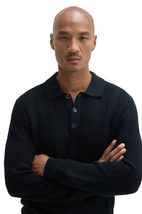 Robert Barakett men's close front view of a dark navy knit long-sleeve polo with textured stitch, three buttons and collar