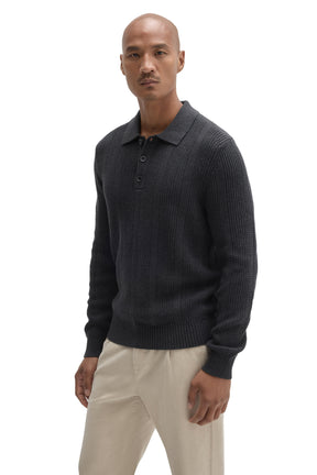 Robert Barakett men's front angled view of charcoal knit long-sleeve polo with three buttons and flat collar