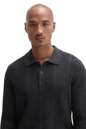 Close-up of men's charcoal knit long-sleeve polo collar with ribbed texture and three-button placket by Robert Barakett
