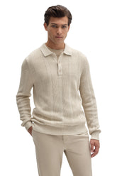 Polo en tricot crème texturé à manches longues avec col rabattu pour homme par Robert Barakett, vue de face
