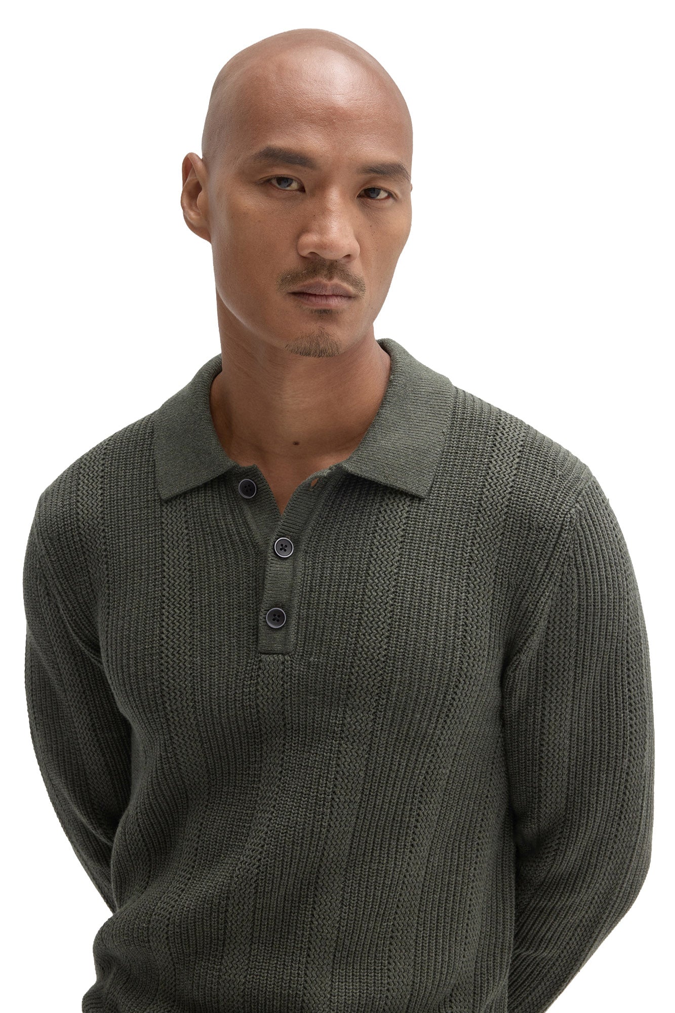 Robert Barakett men's close front view of olive green knit long-sleeve polo collar, three-button placket