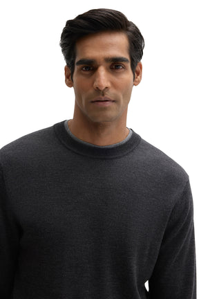 Close-up of fine texture and ribbed neck on Robert Barakett men's charcoal crewneck knit long-sleeve knit sweater
