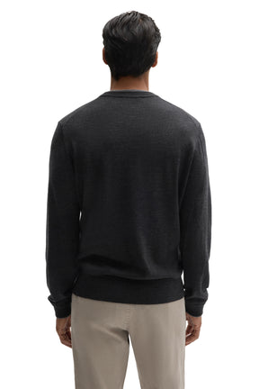 Robert Barakett men's charcoal crewneck knit long-sleeve knit sweater with hem, cuffs and ribbed collar, back view