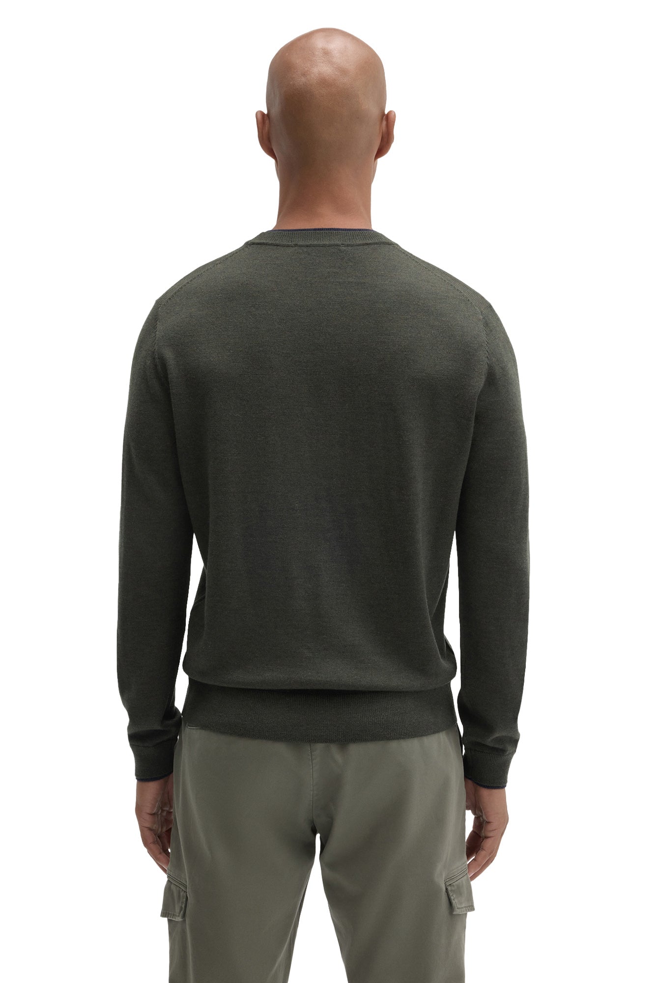 Back view of men's dark olive crew neck long-sleeve sweater with ribbed hem and cuffs by Robert Barakett