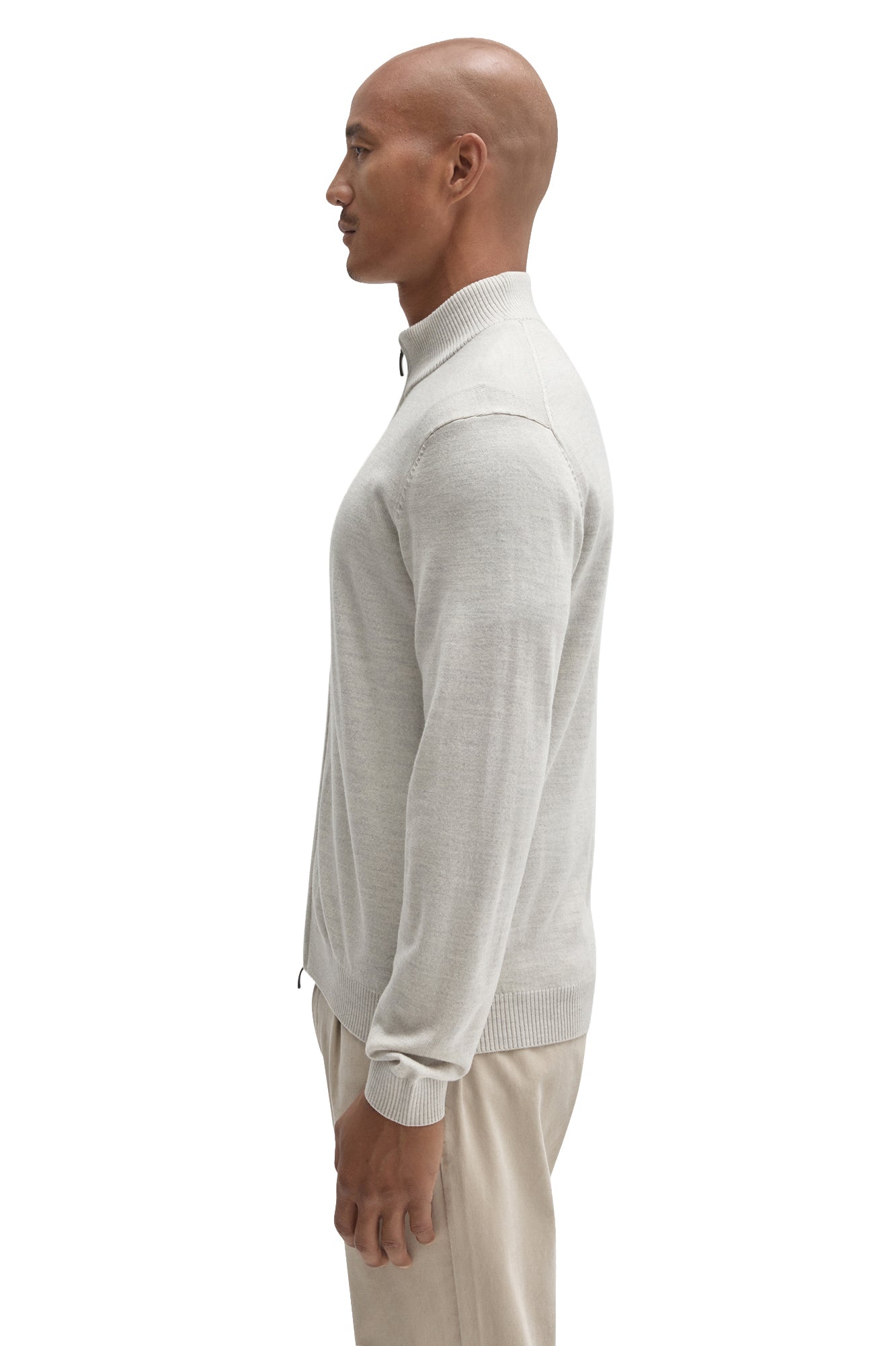 Robert Barakett men's light beige full-zip knit long-sleeve knit sweater with hem, sleeve and ribbed collar, side view