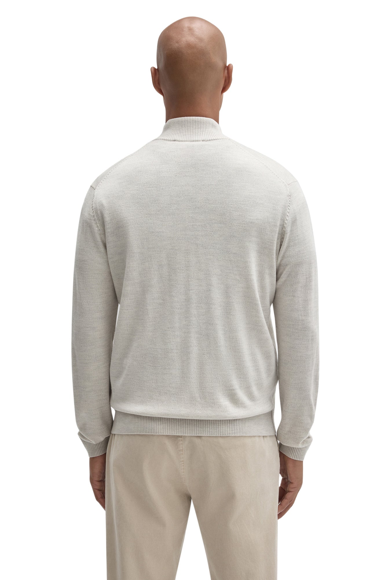 Back view of men's light beige full-zip knit long-sleeve knit sweater with ribbed collar and cuffs by Robert Barakett