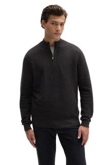 Robert Barakett men's dark charcoal quarter-zip knit long-sleeve sweater with ribbed mock neck and hem, front view