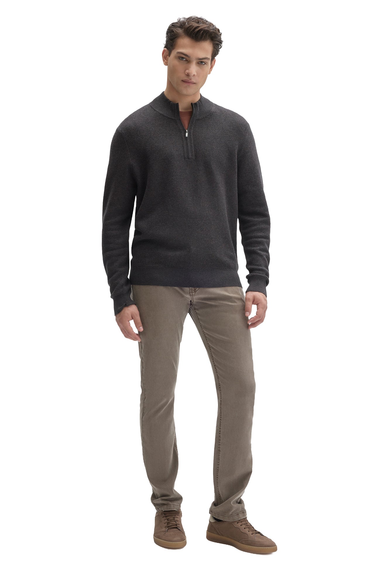 Robert Barakett men's dark charcoal quarter-zip knit long-sleeve sweater, full front view styled with dark pants