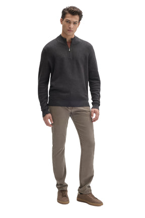 Robert Barakett men's dark charcoal quarter-zip knit long-sleeve sweater, full front view styled with dark pants