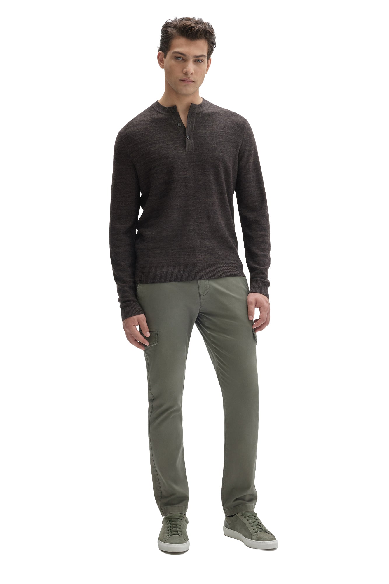 Robert Barakett men's full front model view of dark brown long sleeve Henley sweater with ribbed cuffs and hem