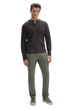 Robert Barakett men's full front model view of dark brown long sleeve Henley sweater with ribbed cuffs and hem