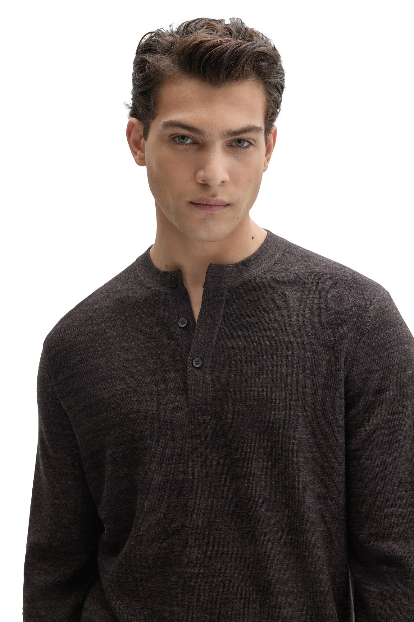 Men's close front view of dark brown Henley long-sleeve henley sweater showing banded neckline by Robert Barakett