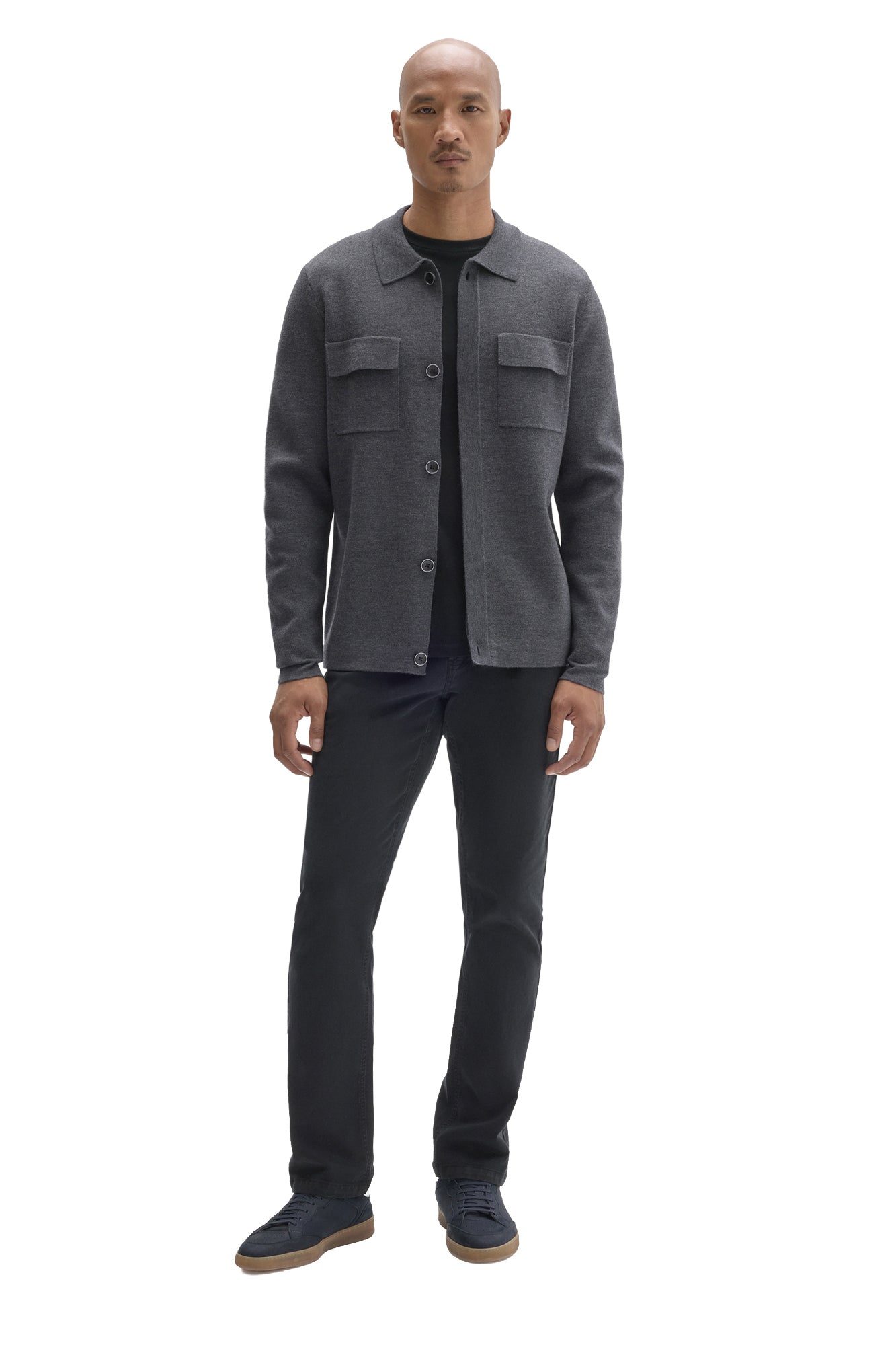 Men's full-body front view of charcoal gray button-front cardigan with chest pockets by Robert Barakett